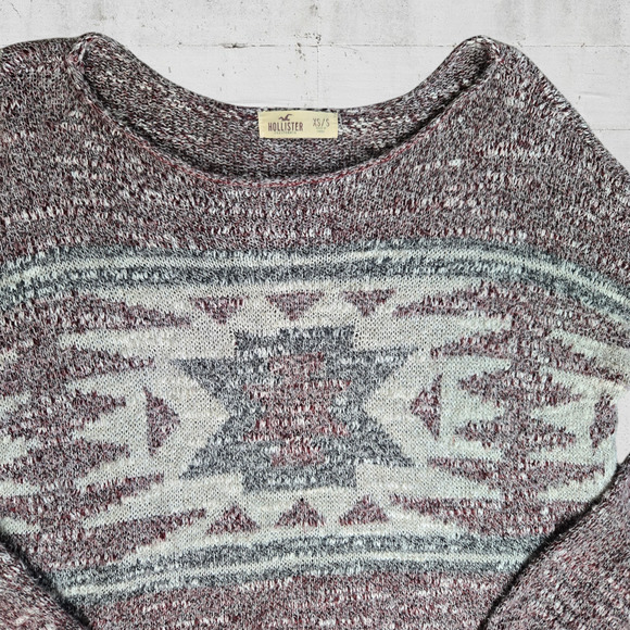 Hollister Heathered Red Southwestern Cropped Boat Neck Knit Sweater Size Small - Picture 2 of 5